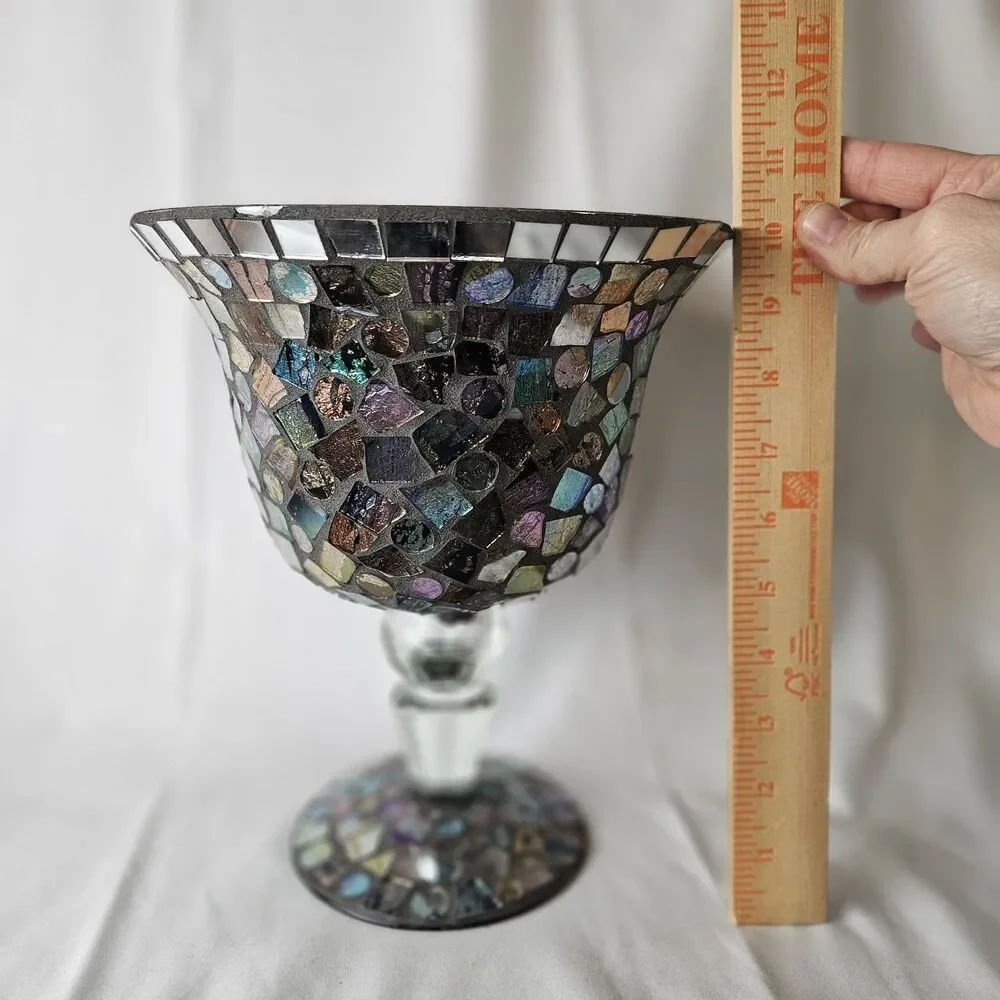 VTG LG. STAINED GLASS HURRICANE/SNIFTER MOSAIC CANDLE HLDR./Vase